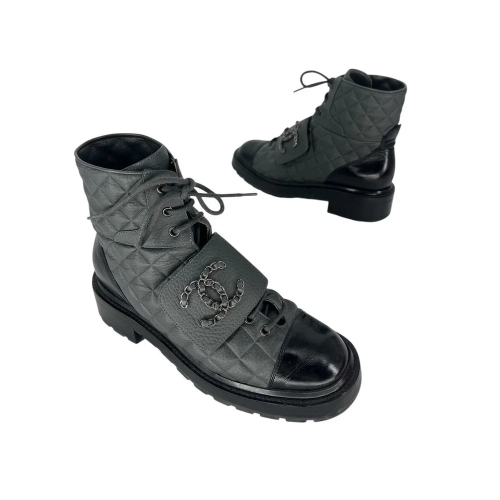 Chanel 2022 CC Chain Quilted Cap Toe Logo Combat Boots in Gray & Black Size 39.5